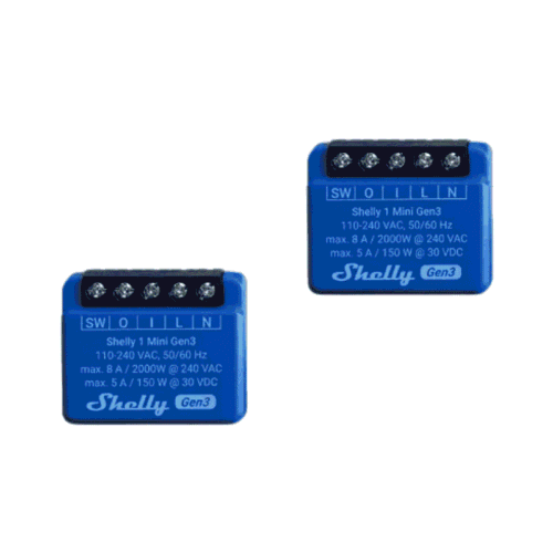 Shelly 1 Mini Gen3, Conjunto de 2 mini-relés inteligentes Wi-Fi com contacto seco, 8 A