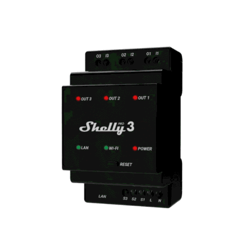 Shelly Pro 3, Relé inteligente profissional de 3 canais, DIN, LAN + Wi-Fi, 16 A