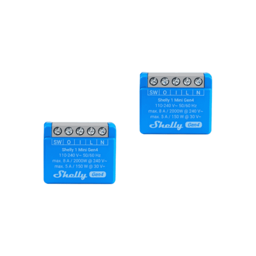 Shelly 1 Mini Gen4, Conjunto de 2 relés inteligentes, Zigbee, Wi-Fi com contacto seco, 8 A
